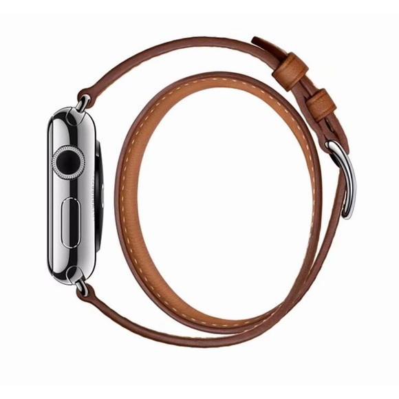 Leather Double Tour Brown Watchband for Apple - Picture 6 of 14